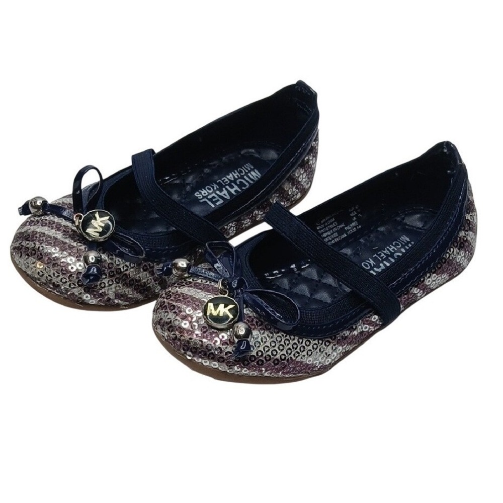 Michael Kors Lil Kory Ballet Flats Girls Size 8 Navy Blue Sequin‎ Mary Jane Bow